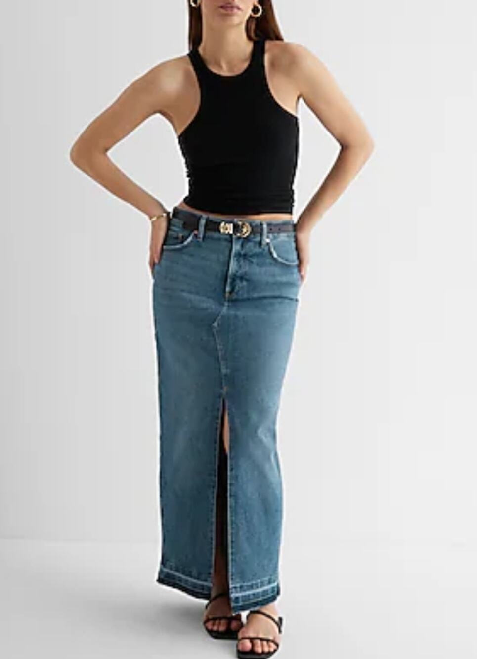 Express High Waisted Front Slit Maxi Denim Skirt